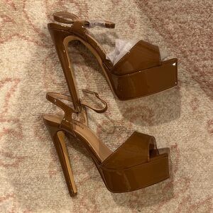 Glossy Tan Brown Platform Heels
